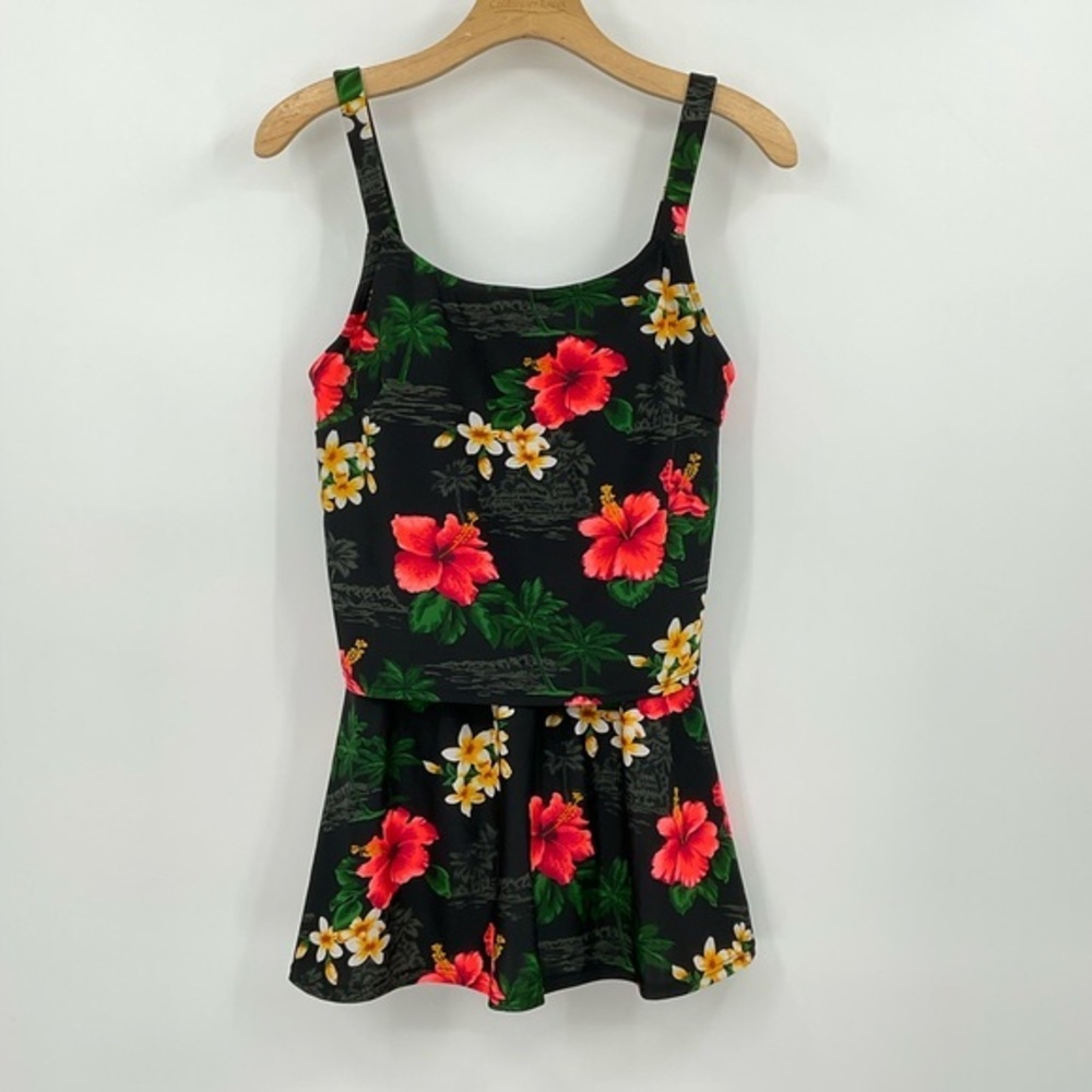 Beach Cabana One‎ Piece Swim Suit Black W/Tropical print Size Small G11